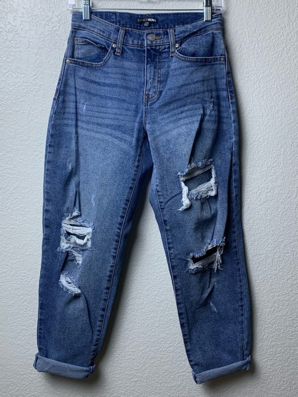 High Rise Distressed Boyfriend Mom Jeans Medium Wash Cuffed